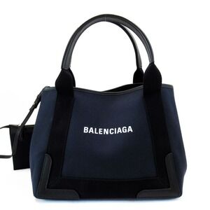 Balenciaga Navy Blue Cabas Handbag Tote Bag Black Canvas Leather